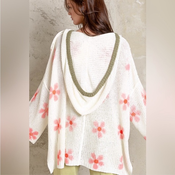 POL - Flower Print Hooded Lightweight Knit Sweater Hoodie - Picture 3 of 11